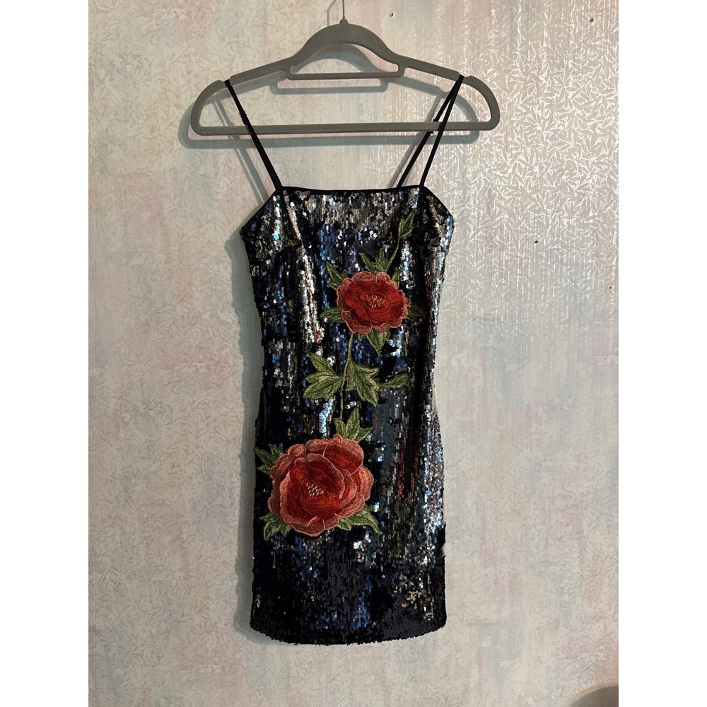 Forever 21 Sequin Floral Embroidered Mini Dress Silver Black Red Small